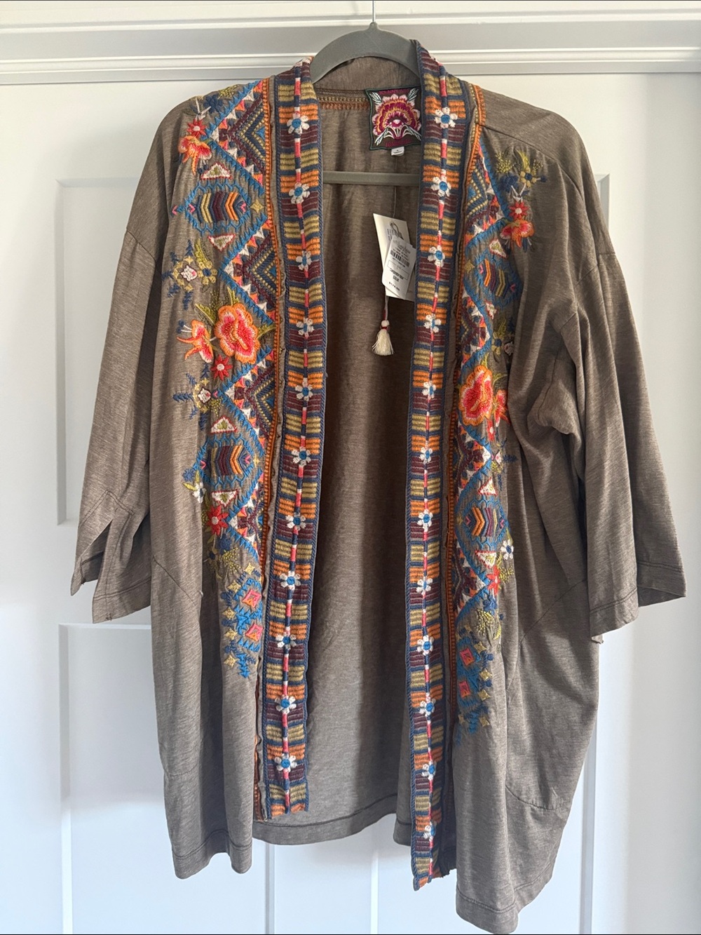 Johnny Was Taupe Embroidered Open-Front Kimono